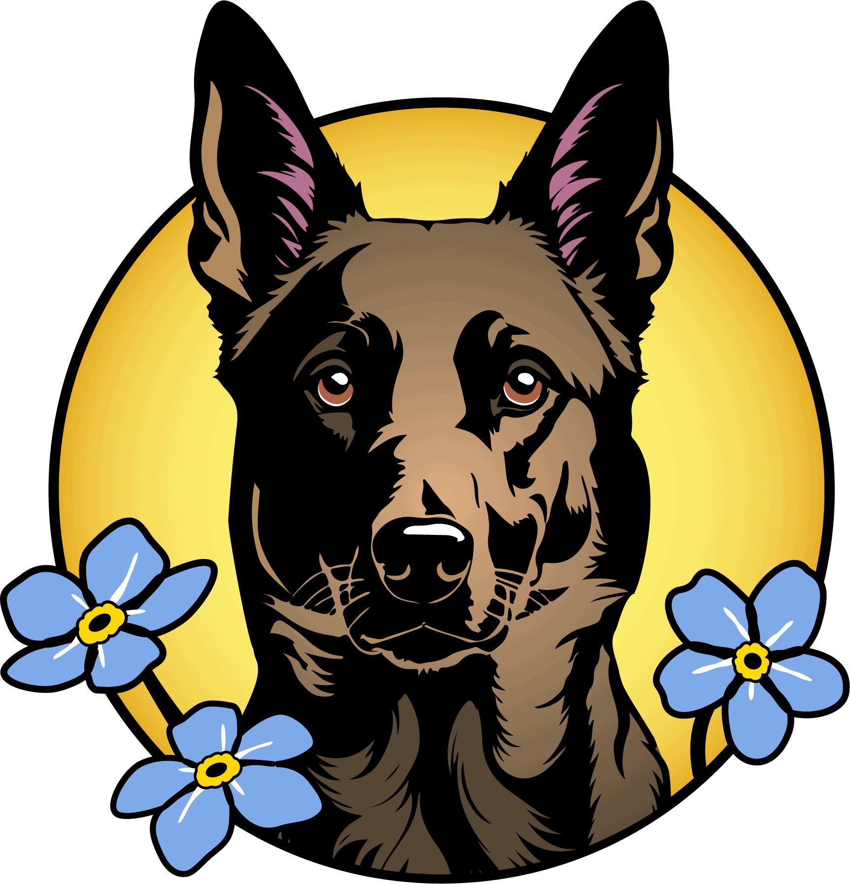 Forget Me Not Dog Training - Illustration of a dark-colored dog with upright ears, set against a yellow circle background and surrounded by blue flowers.