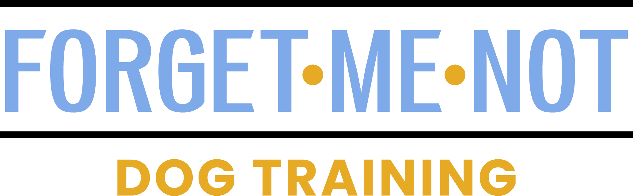 Forget Me Not Dog Training - Logo with the text "FORGET ME NOT" in blue with gold dots between words, and "DOG TRAINING" in gold letters below.