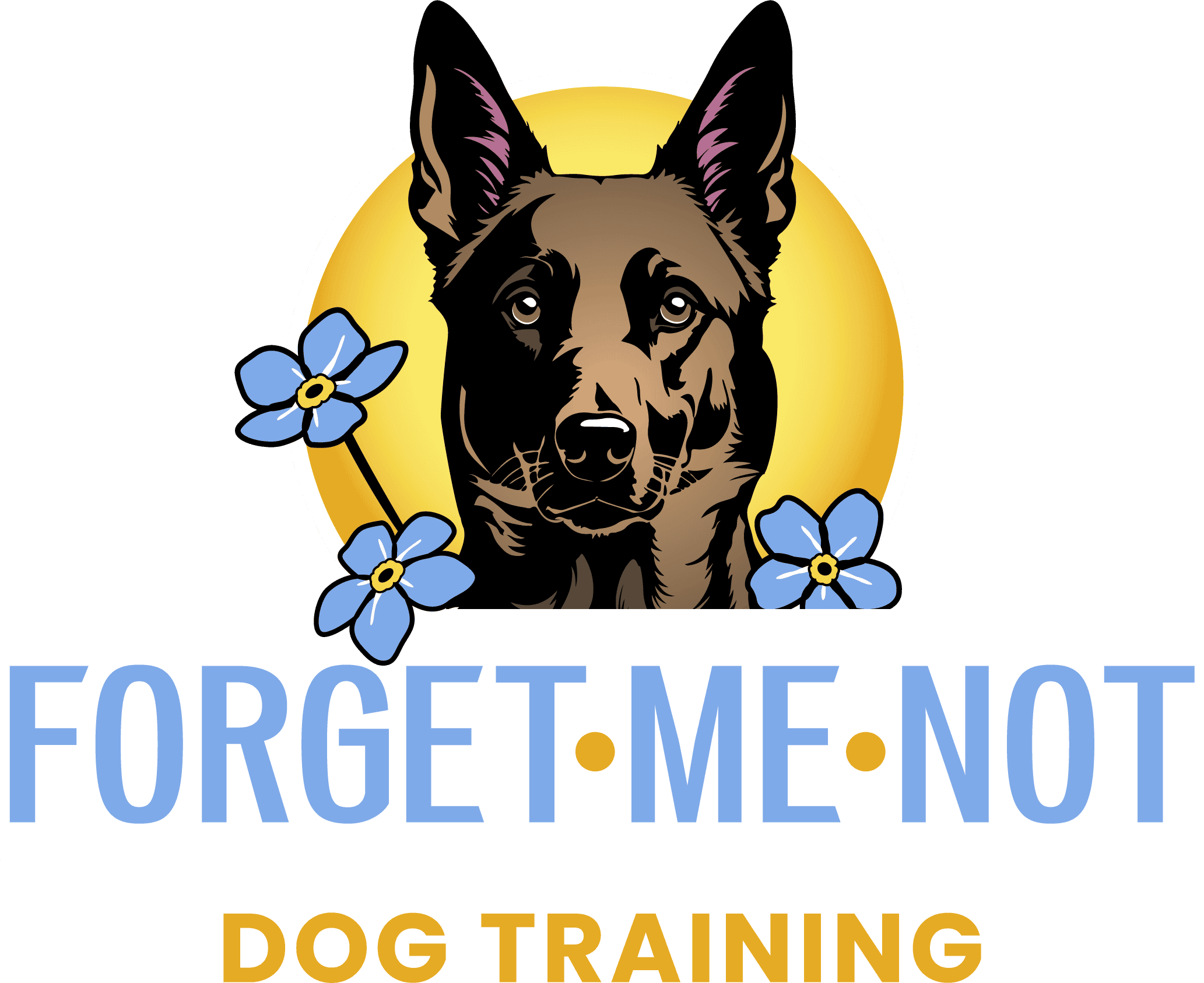 Forget Me Not Dog Training - Logo featuring a dog's head in front of a yellow circle with blue forget-me-not flowers and the text “FORGET ME NOT DOG TRAINING” in blue and gold letters.