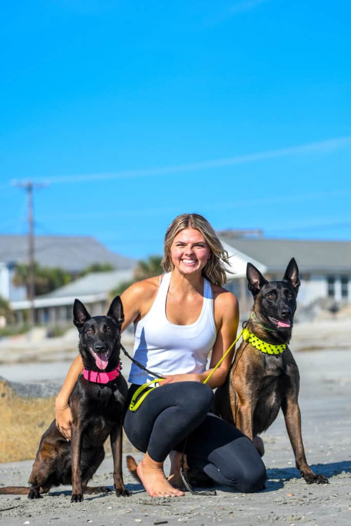 Forget Me Not Dog Training - On a bright South Carolina day, a person in a white tank top kneels on the beach, smiling between two dark-colored dogs with pink and yellow collars. The blue sky stretches above, with houses dotting the background, capturing a perfect moment of joy by the shore.