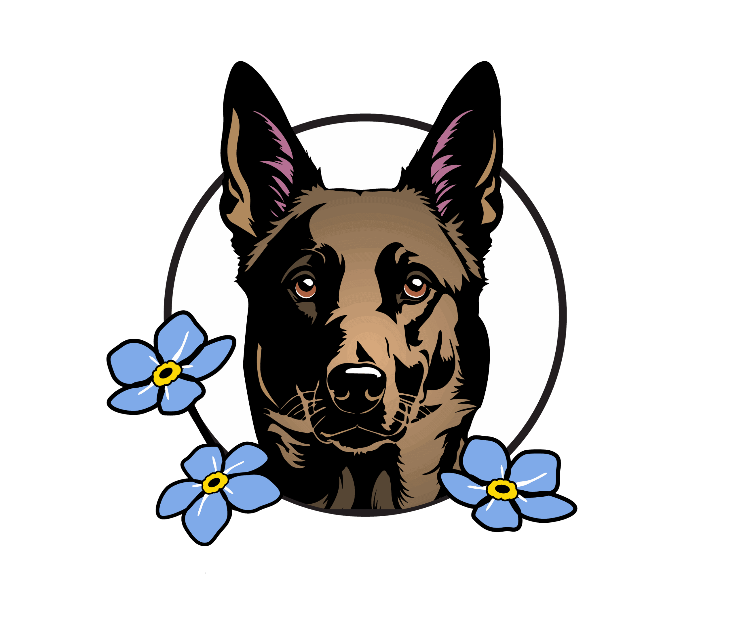 Forget Me Not Dog Training - Illustration of a German Shepherd dog framed by a white oval, with three blue flowers surrounding the lower part of the image.