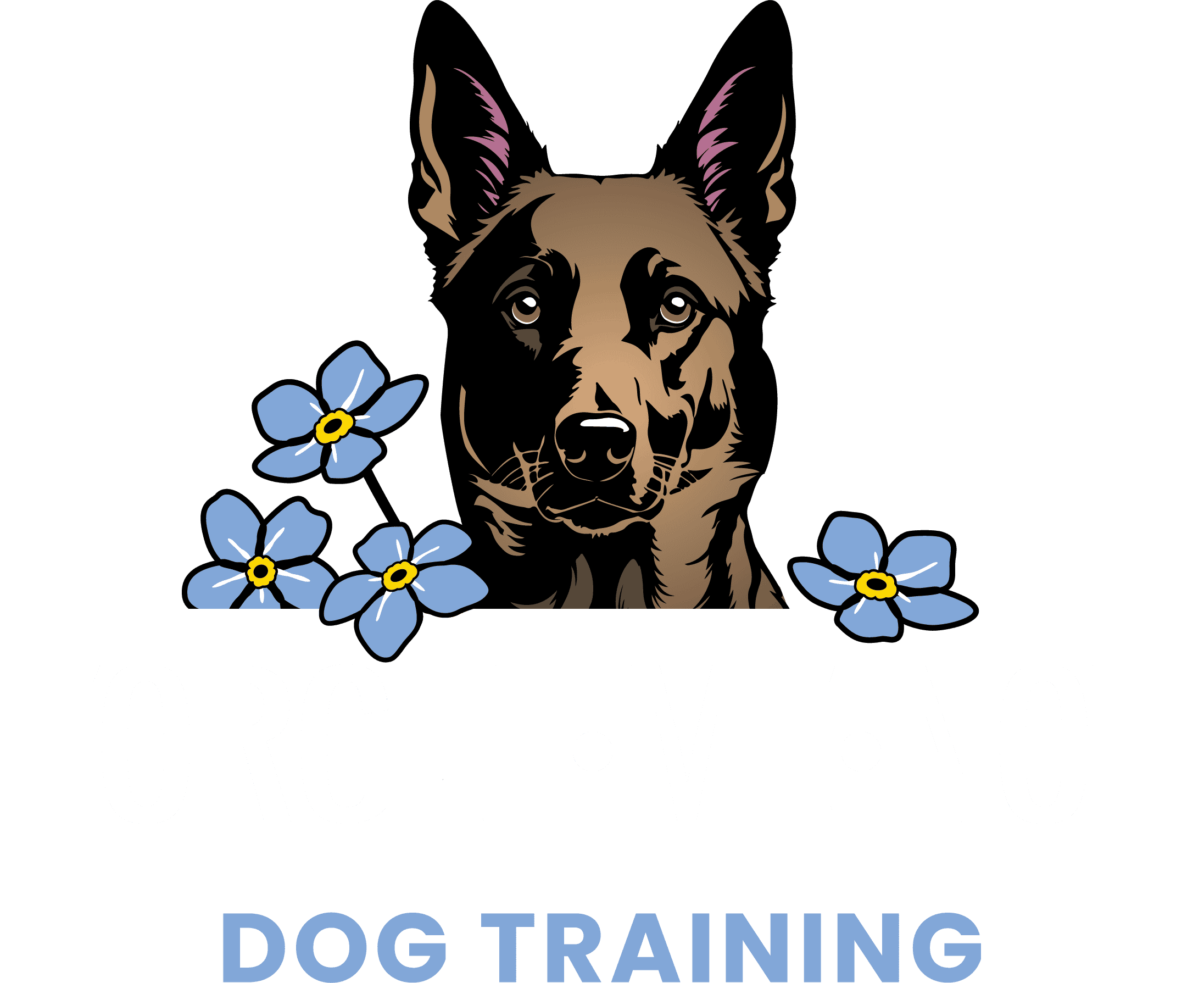 Forget Me Not Dog Training - Logo with illustration of a German Shepherd, blue forget-me-not flowers, and the text "FORGET ME NOT DOG TRAINING" in bold letters.